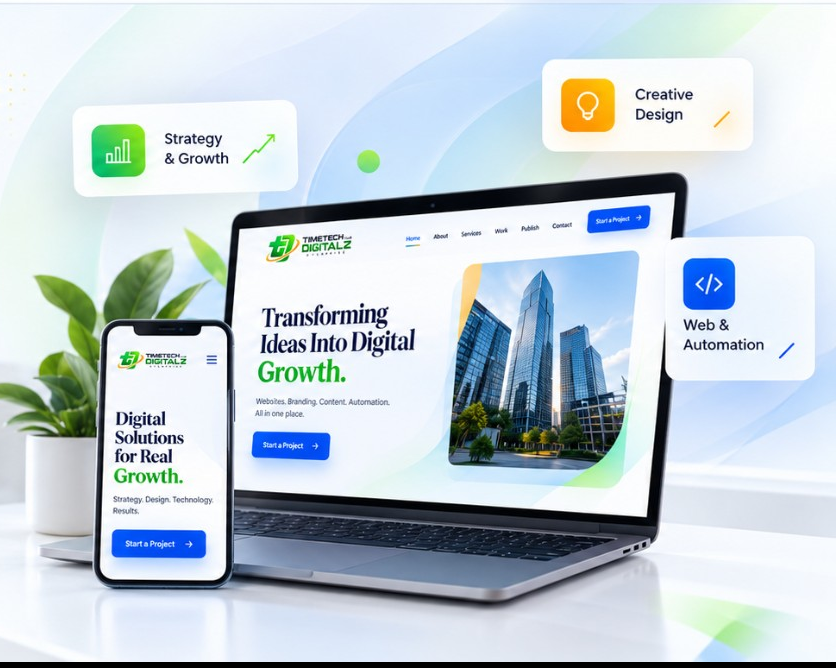 Timetech Digitalz website displayed on a laptop and phone with strategy, creative design, and web automation callouts